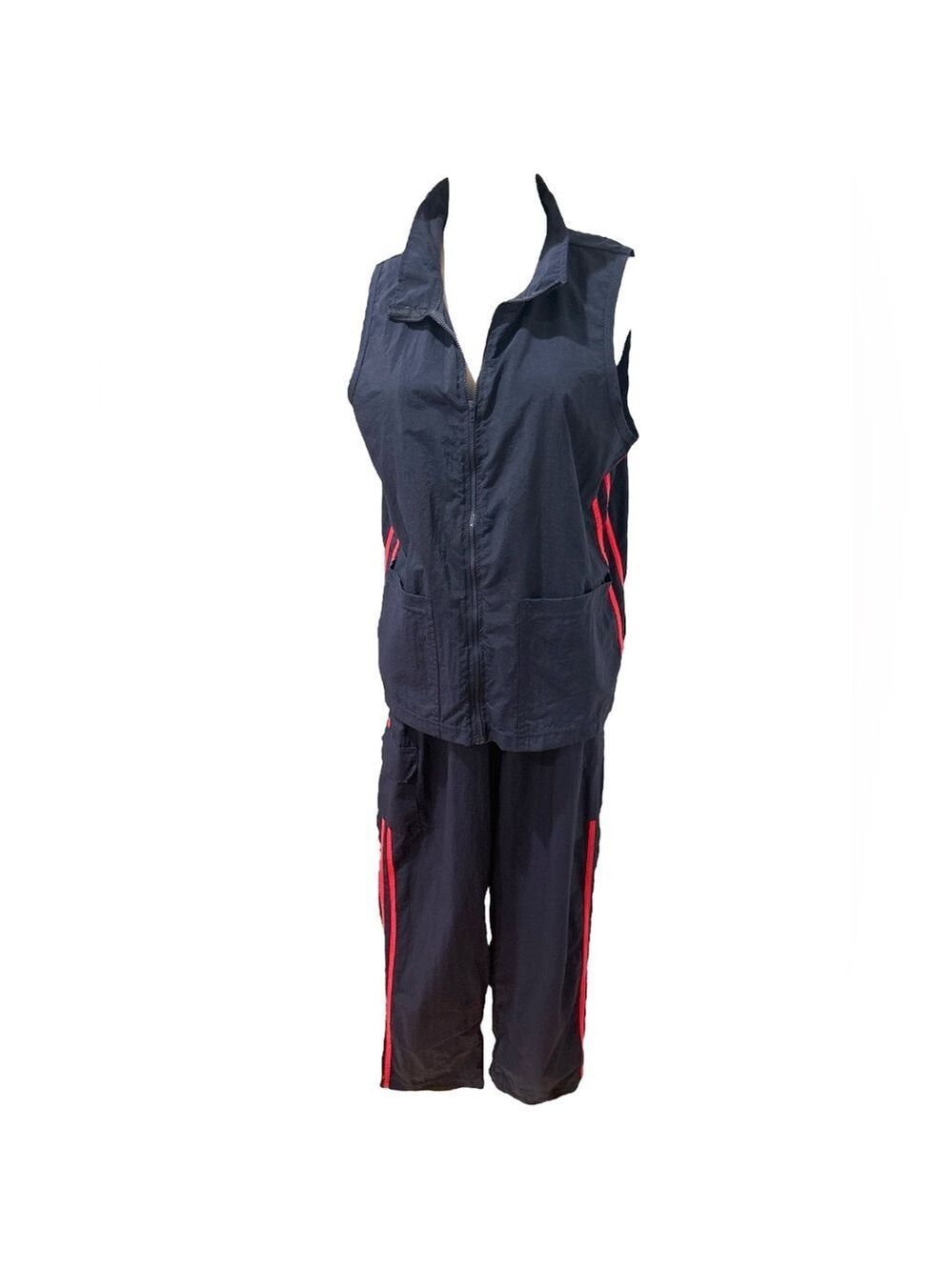 80s 2PCS HIGH 2 STEP HIP HOP NAVY & RED TRACK SUIT STREETWEAR FLAP POCKETS SZ L